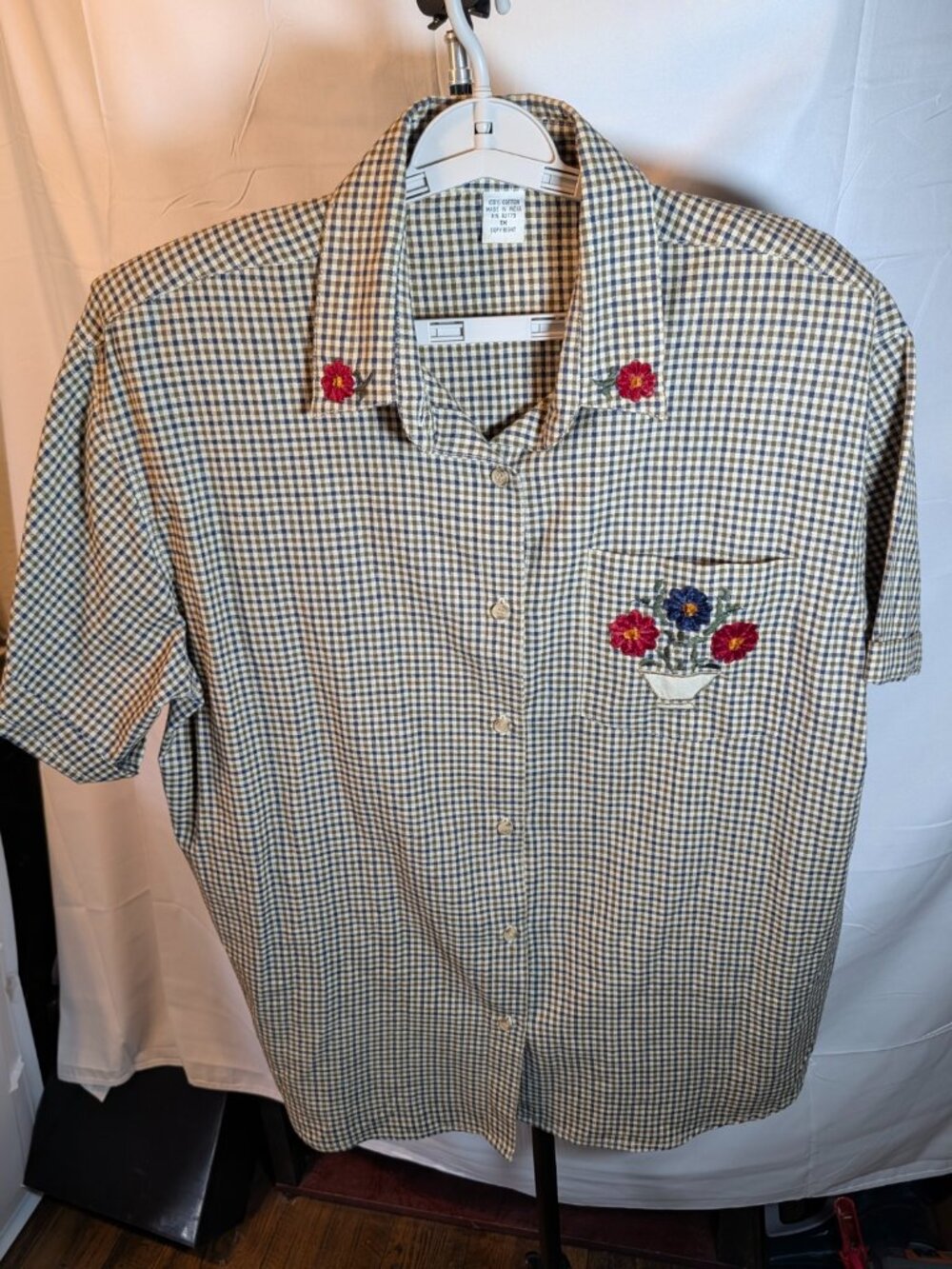 Maggie & Max Blouse, Women's Size 1X Short Sleeve Brown Gingham Check/Embroidery